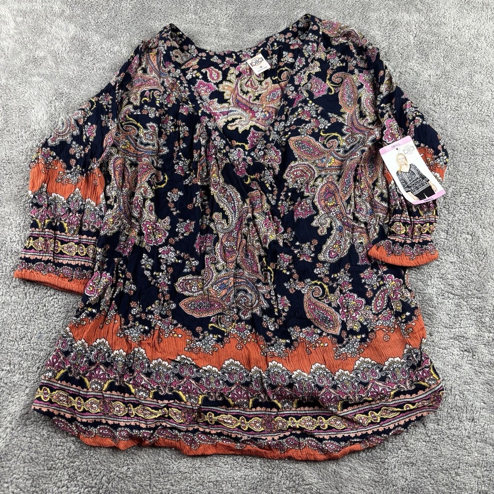 Bila Top Blouse Womens Small Multi Color Orange Long Sleeve NWT
